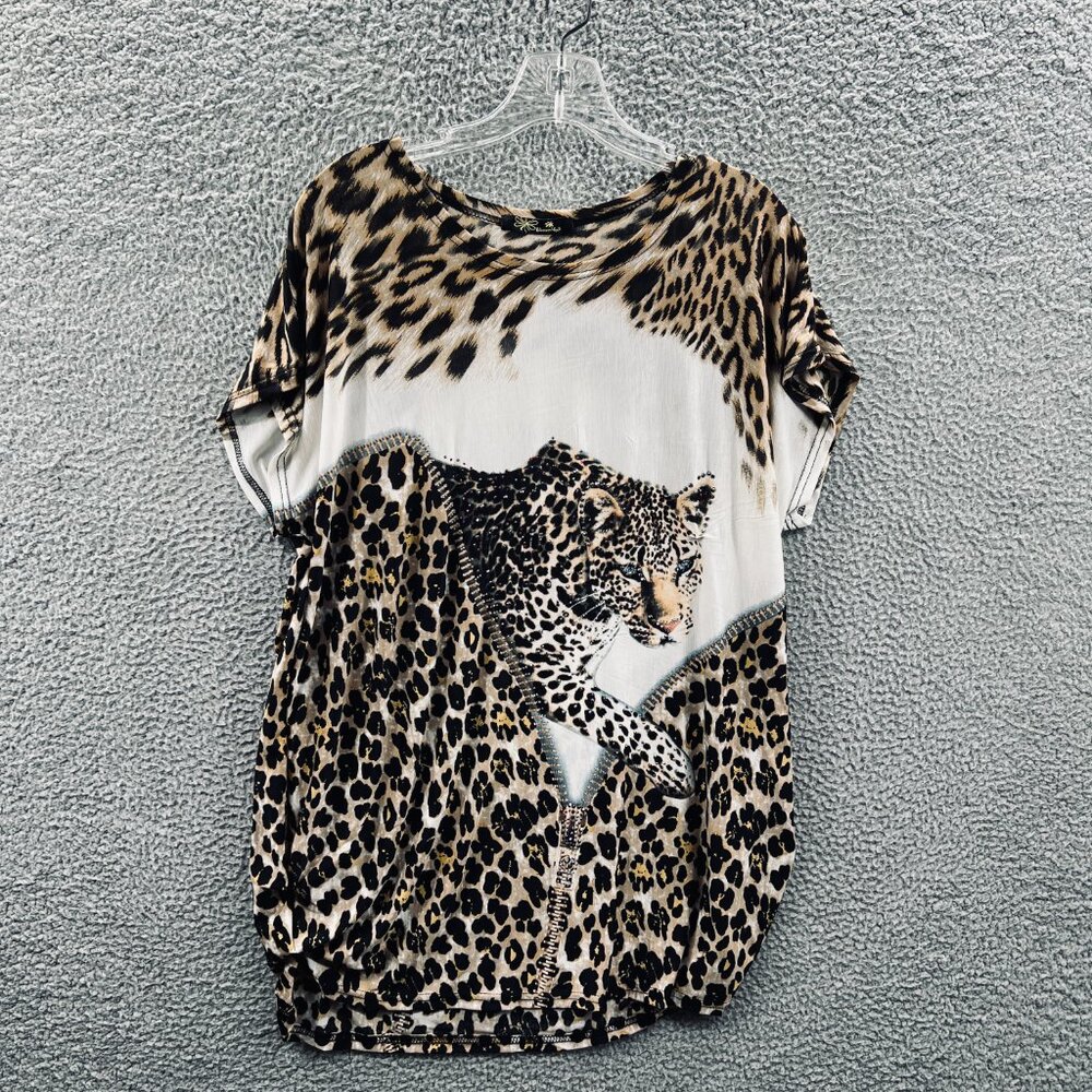 Blossom by P Womens‎ Tunic Top Tan Leopard Print Embellished Short Sleeve Shirt